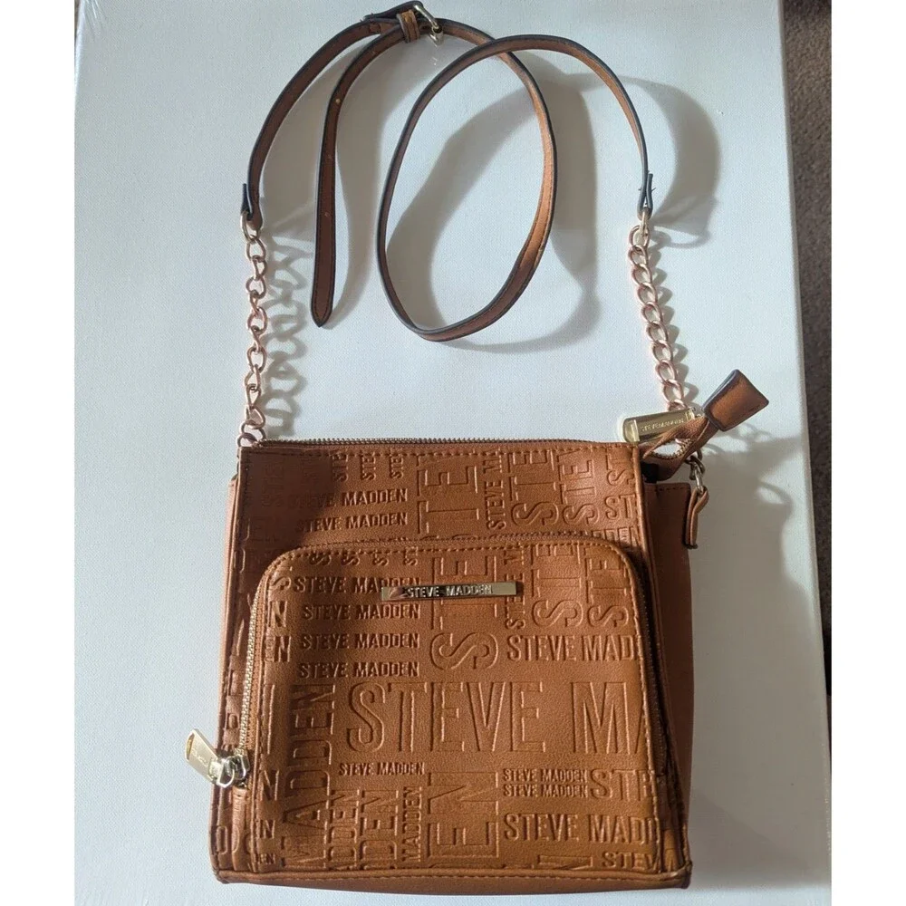 Steve Madden Purse Brown Cognac Logo Embossed Faux Leather Crossbody Bag Gold